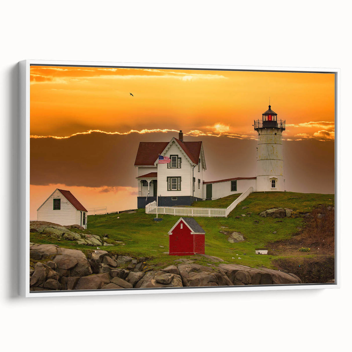Vintage poster art of Maine scenery on a framed canvas, featuring vibrant colors, ideal for living room decor.