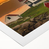 Art deco poster of Maine scenery in muted blue and green tones on rolled canvas, suitable for dining room wall art.