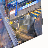 Large abstract wall art depicting the Boston skyline in muted gray and blue tones on acrylic glass.