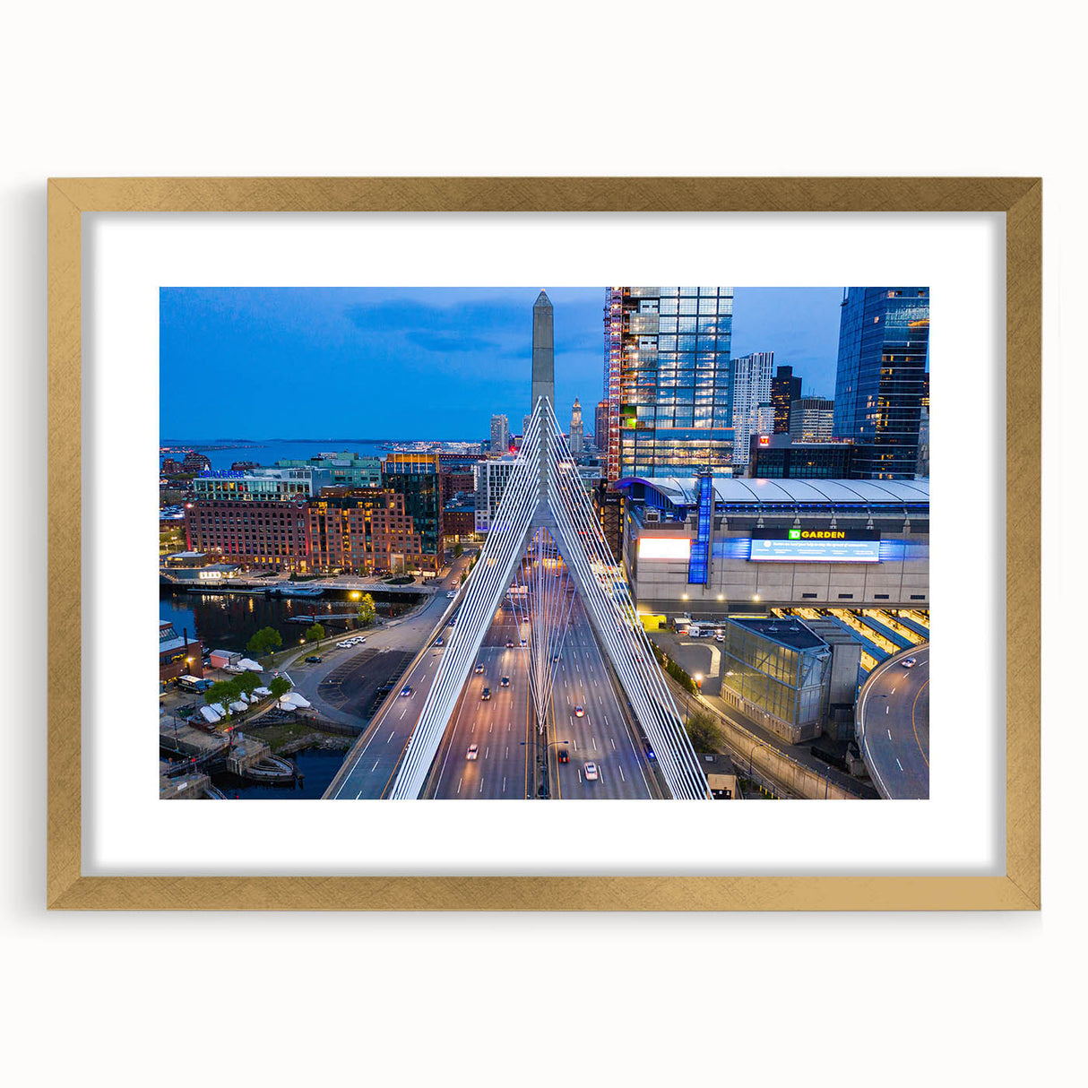 Extra large abstract art print of Boston skyline in textured gold frame, ideal for living room decor.