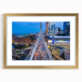 Extra large framed abstract art print of Boston skyline in muted gold and blue tones, ideal for living room decor.