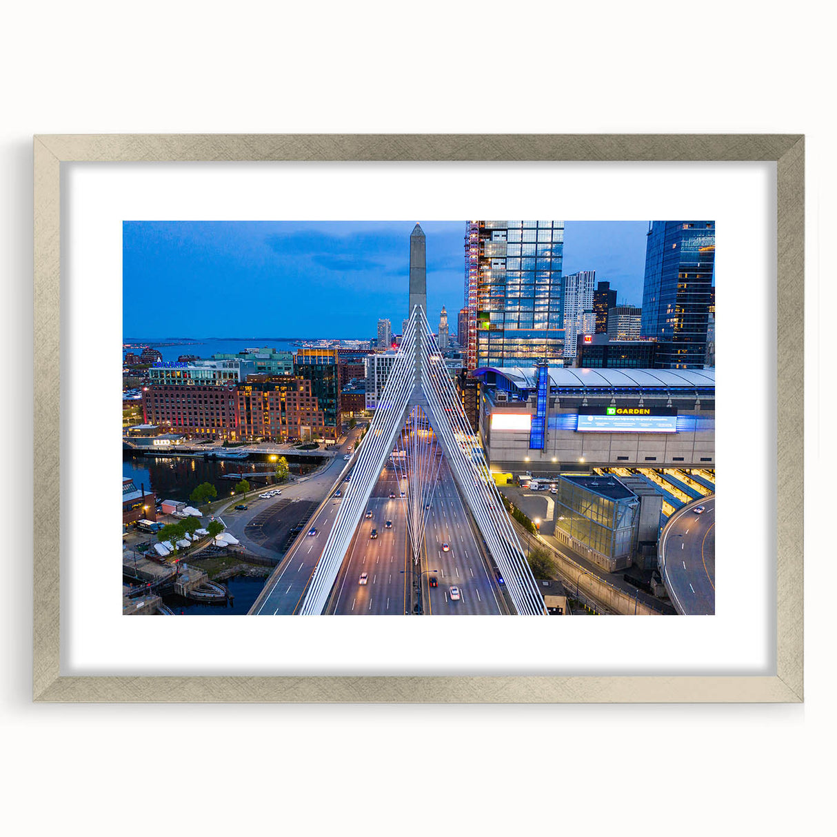 Textured abstract art print of Boston skyline in muted gray and blue tones, framed in silver, ideal for bedroom art.