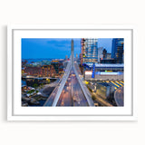 Abstract art print of Boston skyline in muted gray and blue tones on a framed white mat, suitable for dining room decor.