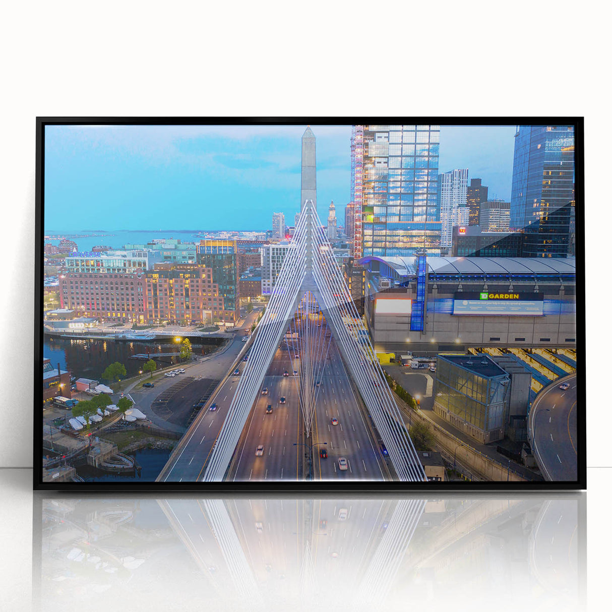 Large abstract wall art of Boston skyline in muted gray and blue tones on framed acrylic, suitable for modern office decor.