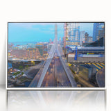 Art deco poster of Boston skyline in muted gray and blue tones on a framed acrylic, suitable for modern art wall decor.