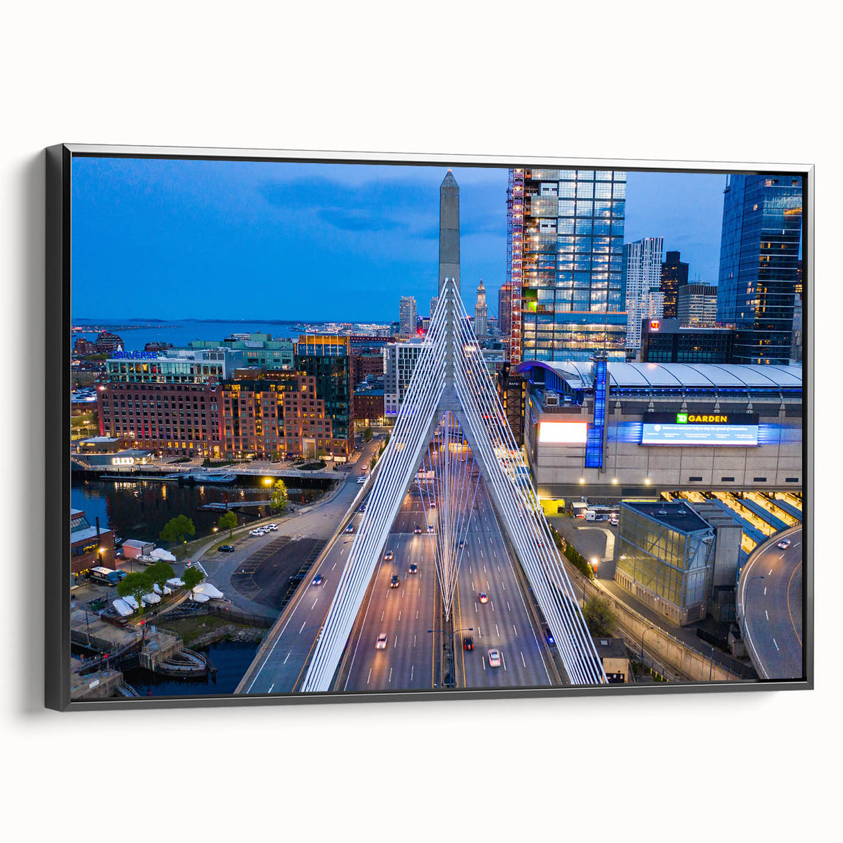Black and white landscape art painting of Boston on framed canvas, ideal for bedroom decor.