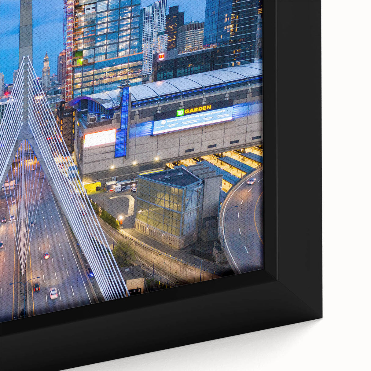Extra large framed canvas featuring a textured depiction of the Boston skyline in black with colorful accents.