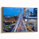 Framed canvas featuring a vintage-style landscape painting of Boston in black and gold tones, ideal for bedroom wall art.