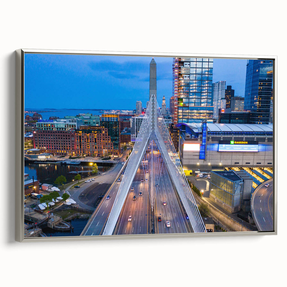 Framed canvas landscape art painting featuring a vintage-style Boston skyline in muted gray and colorful accents.