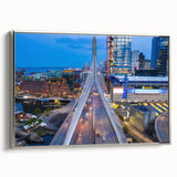 Framed canvas landscape art painting featuring a vintage-style Boston skyline in muted gray and colorful accents.