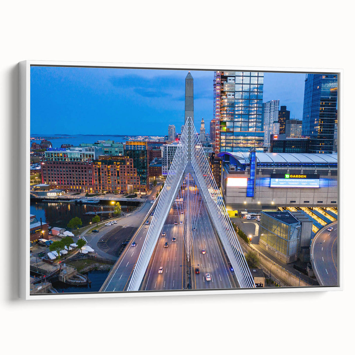 Vintage poster art of Boston skyline in vibrant colors on a large framed canvas, suitable for living room decor.