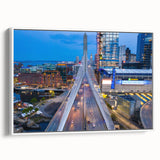 Vintage poster art of Boston skyline in vibrant colors on a large framed canvas, suitable for living room decor.