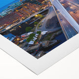 Art deco poster of Boston skyline in muted gray and blue tones on rolled canvas, suitable for dining room wall art.