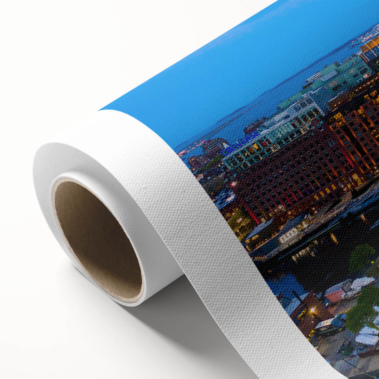 Art Deco style poster of Boston skyline in muted blue and gray tones on rolled canvas, ideal for nursery wall art.