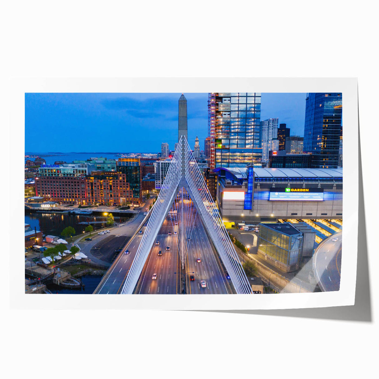 Extra large rolled print of Boston skyline with soft pastel shades, ideal for dining room wall art.