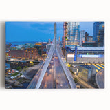 Black and white photo of the Boston skyline on stretched canvas, ideal for kitchen wall art.