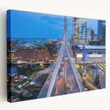 Panoramic view of Boston skyline in muted blue and gray tones on a large stretched canvas, suitable for kitchen wall art.