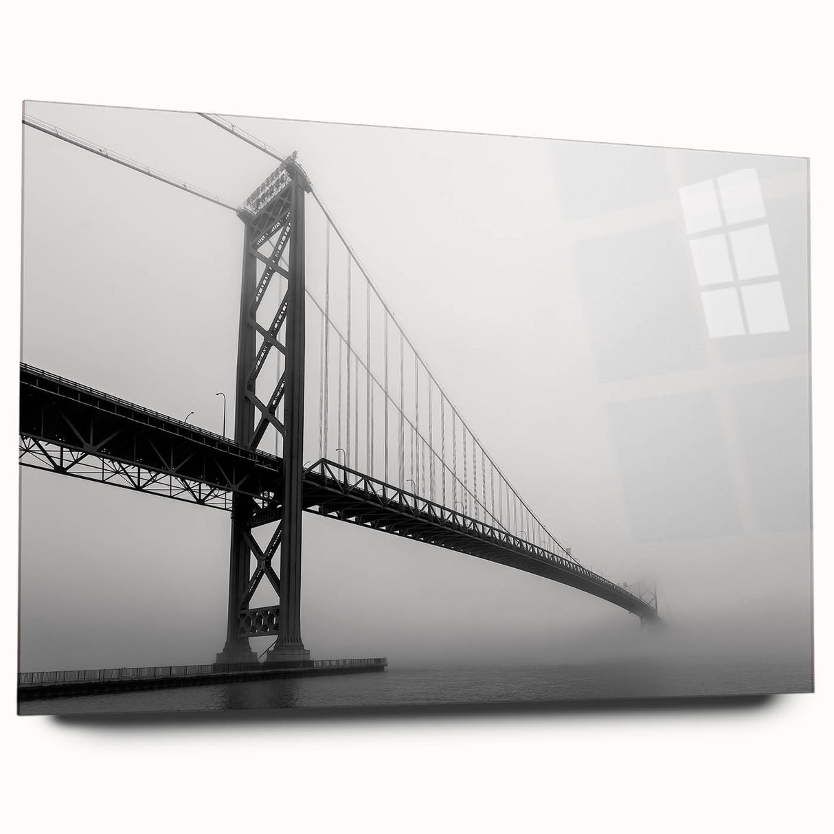 Large abstract depiction of Detroit skyline in muted gray and blue on acrylic glass, ideal for bedroom or dining room art.