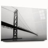 Large abstract depiction of Detroit skyline in muted gray and blue on acrylic glass, ideal for bedroom or dining room art.