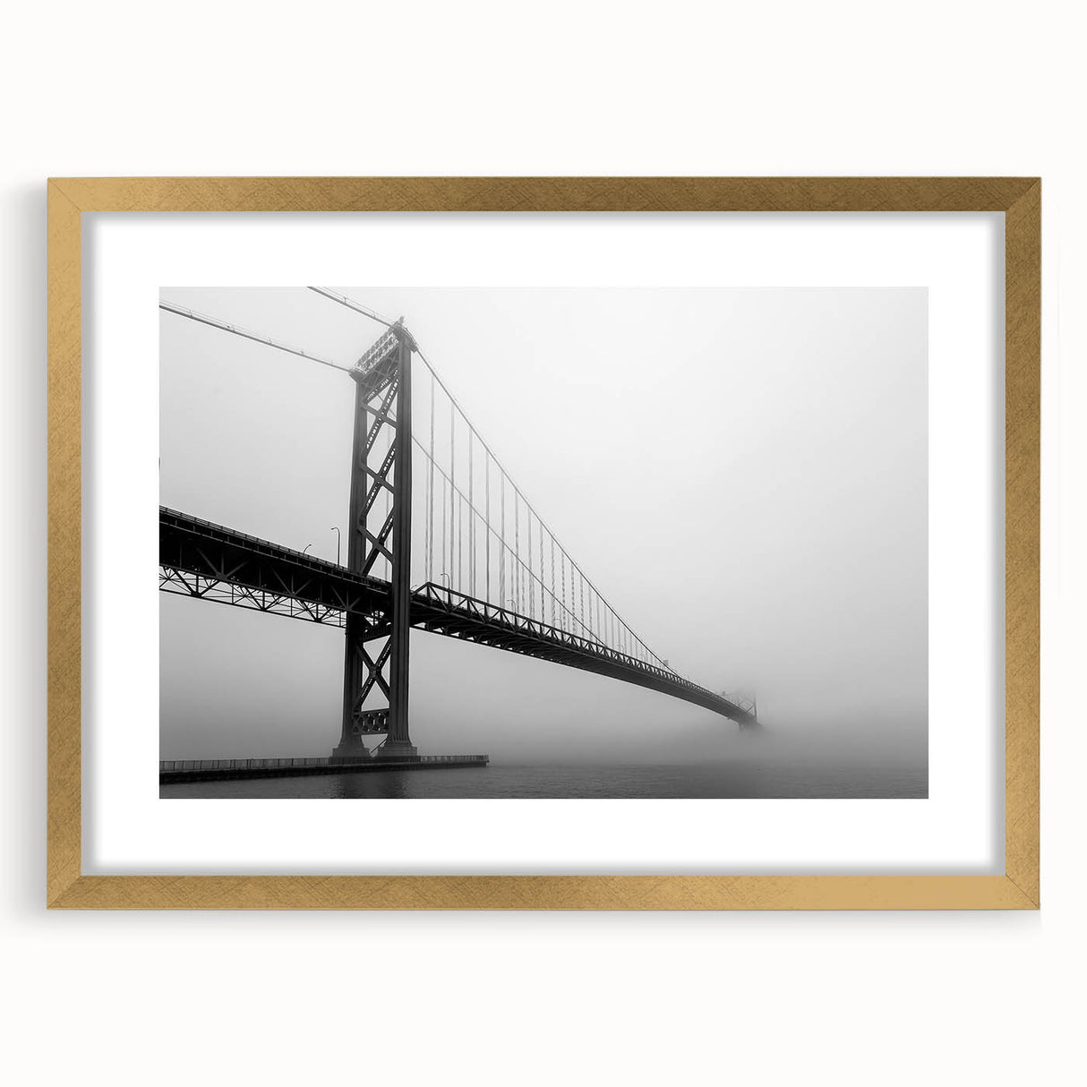 Extra large abstract art print of Detroit skyline in textured gold frame, ideal for living room decor.