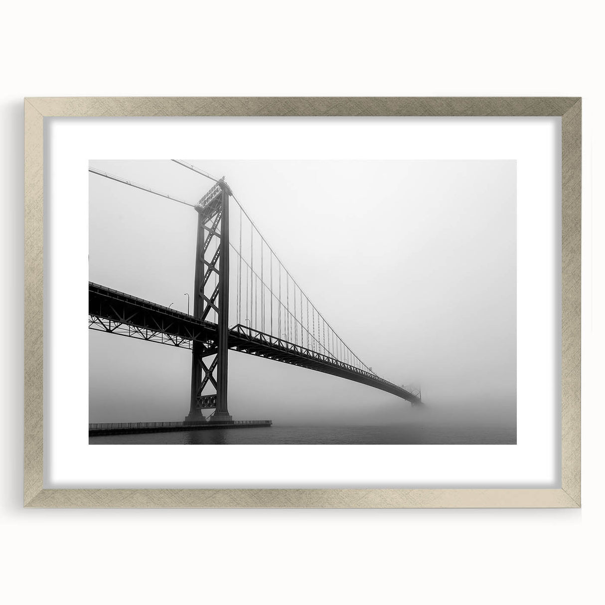 Textured abstract art print of Detroit skyline in muted gray tones on a framed silver mat, suitable for bedroom decor.