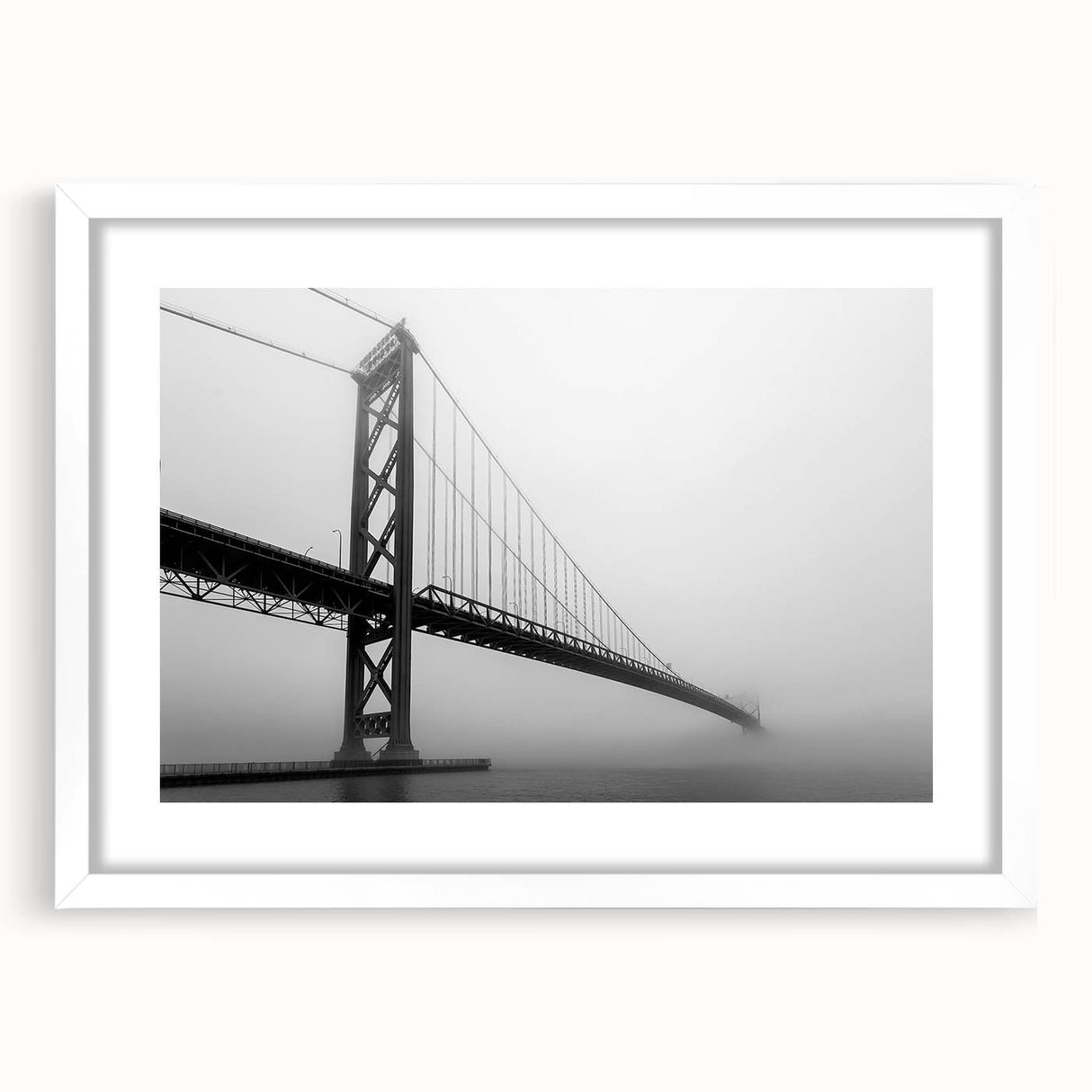 Abstract art print of Detroit skyline in muted gray and blue tones on a framed white mat, ideal for dining room decor.