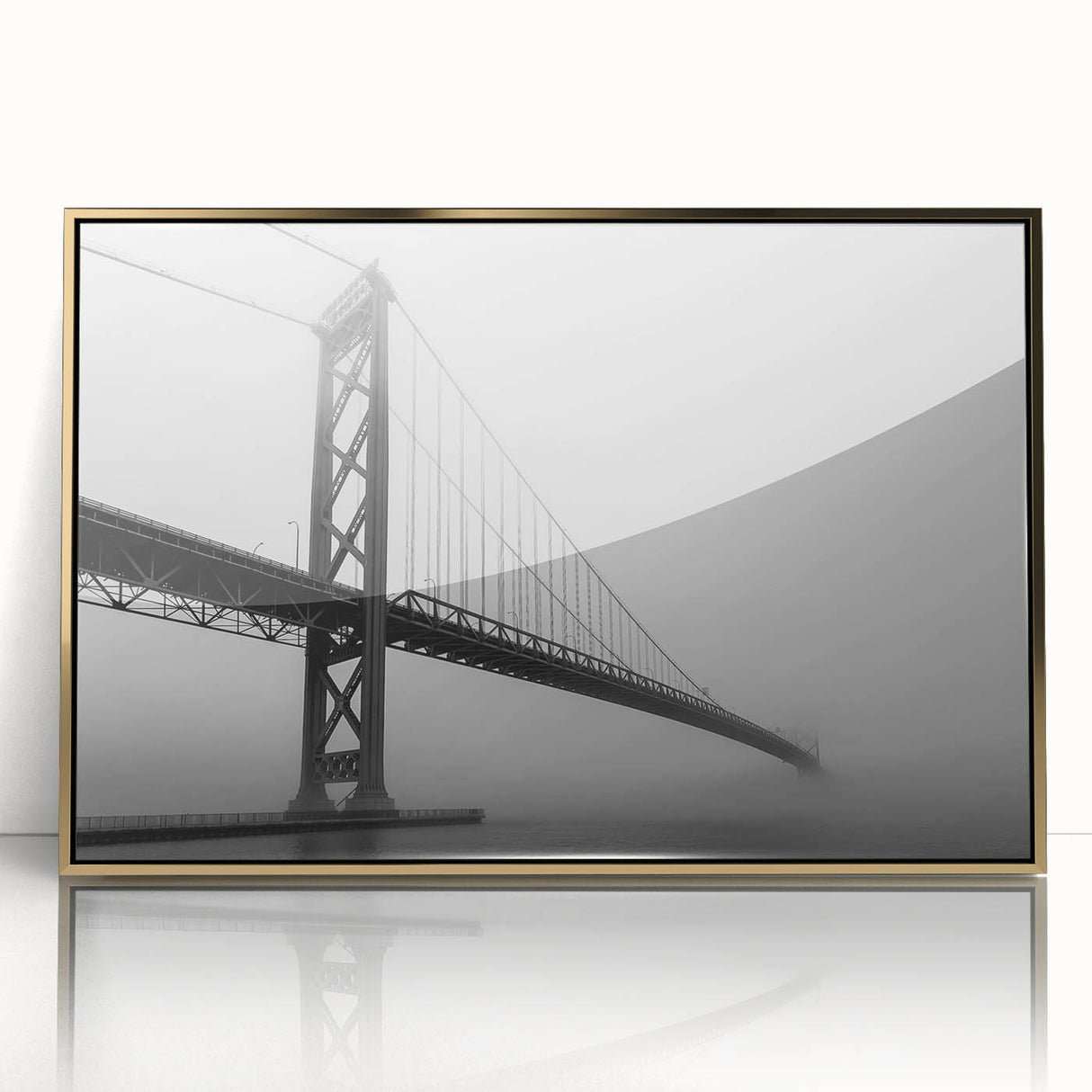 Large art print of Detroit skyline in muted gold and blue tones on a framed acrylic, suitable for modern art wall decor.
