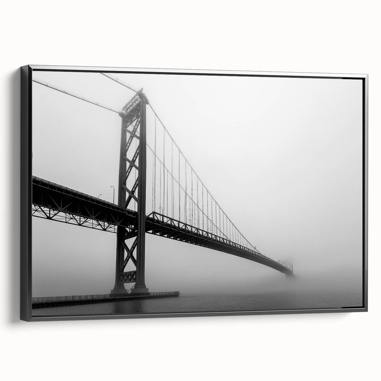 Black and white framed canvas of Detroit landscape, ideal for bedroom wall art in vintage poster style.