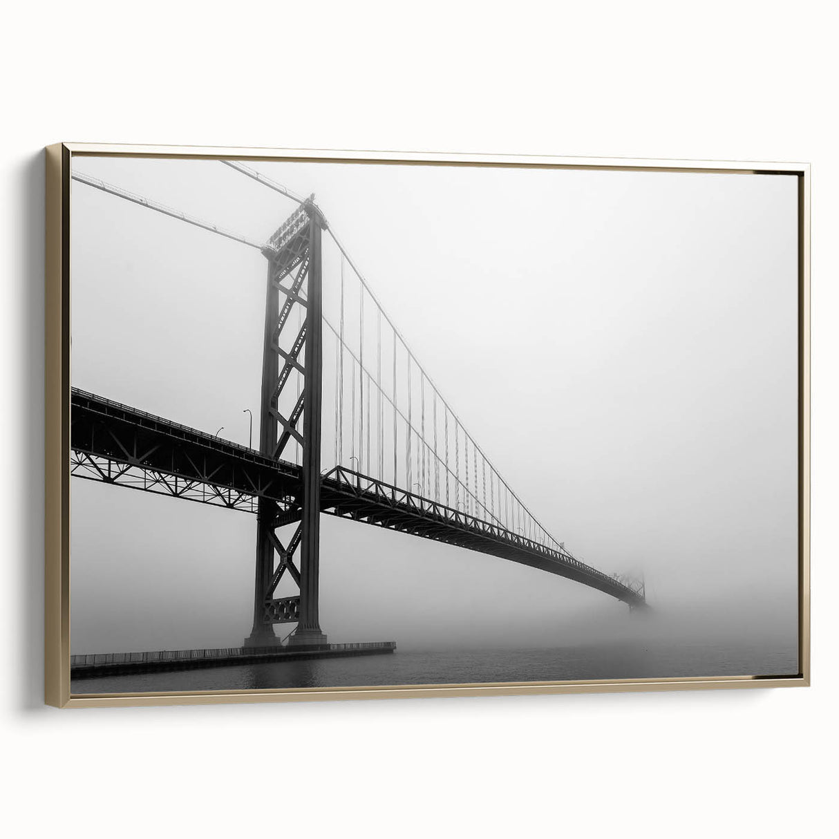 Detroit skyline depicted in muted gold and black tones on a framed canvas, suitable for bedroom wall art.