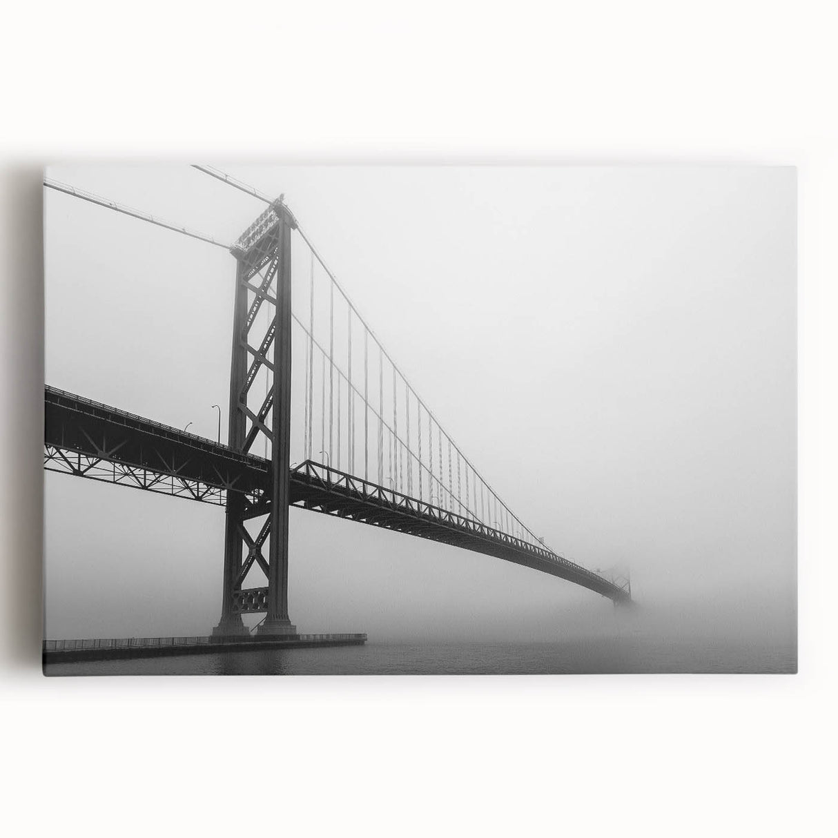 Black and white photo of Detroit skyline on large stretched canvas, suitable as kitchen wall art.