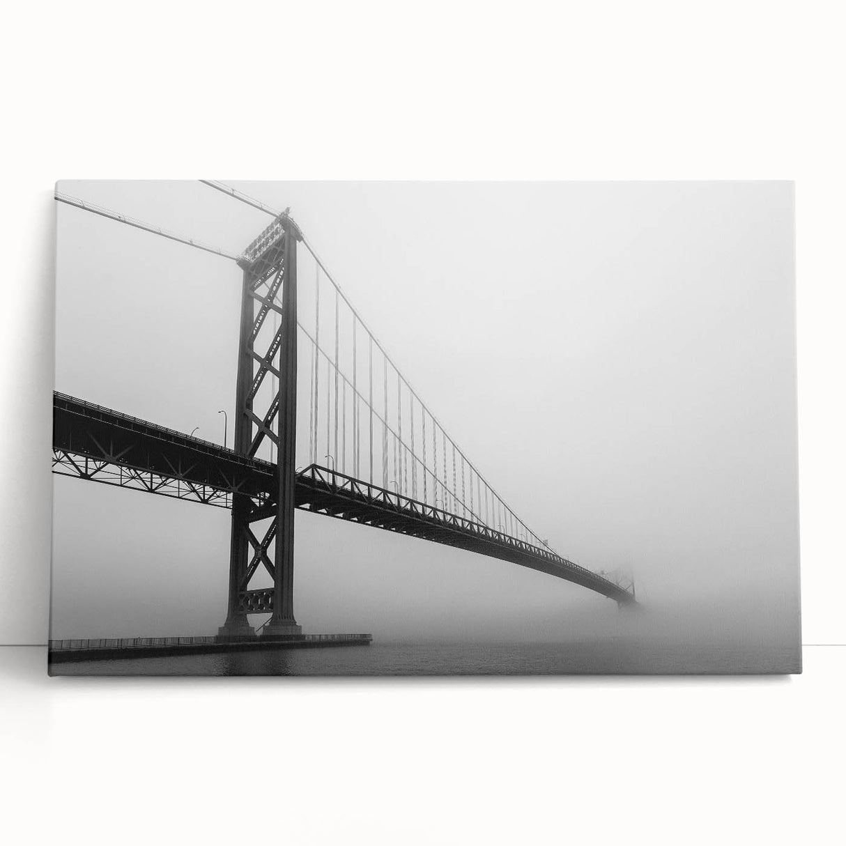 Black and white large art print of Detroit skyline on stretched canvas, suitable as kitchen wall art or for bedroom ambiance.