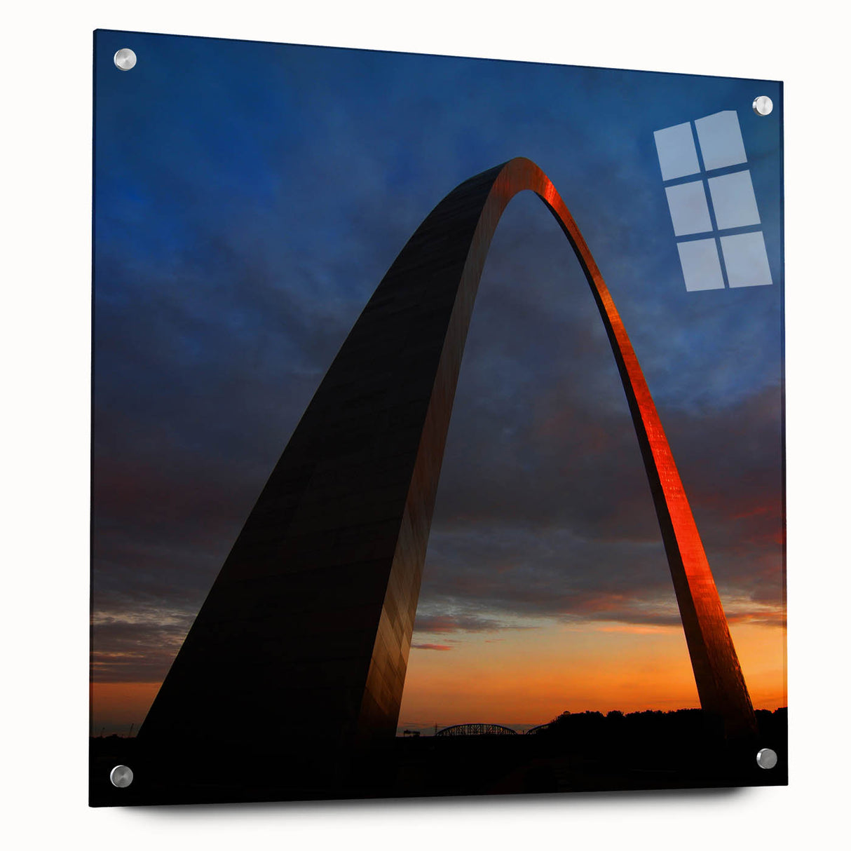 Acrylic print of St. Louis skyline in muted blues and grays, ideal for bedroom or dining room art.