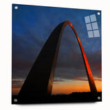 Acrylic print of St. Louis skyline in muted blues and grays, ideal for bedroom or dining room art.