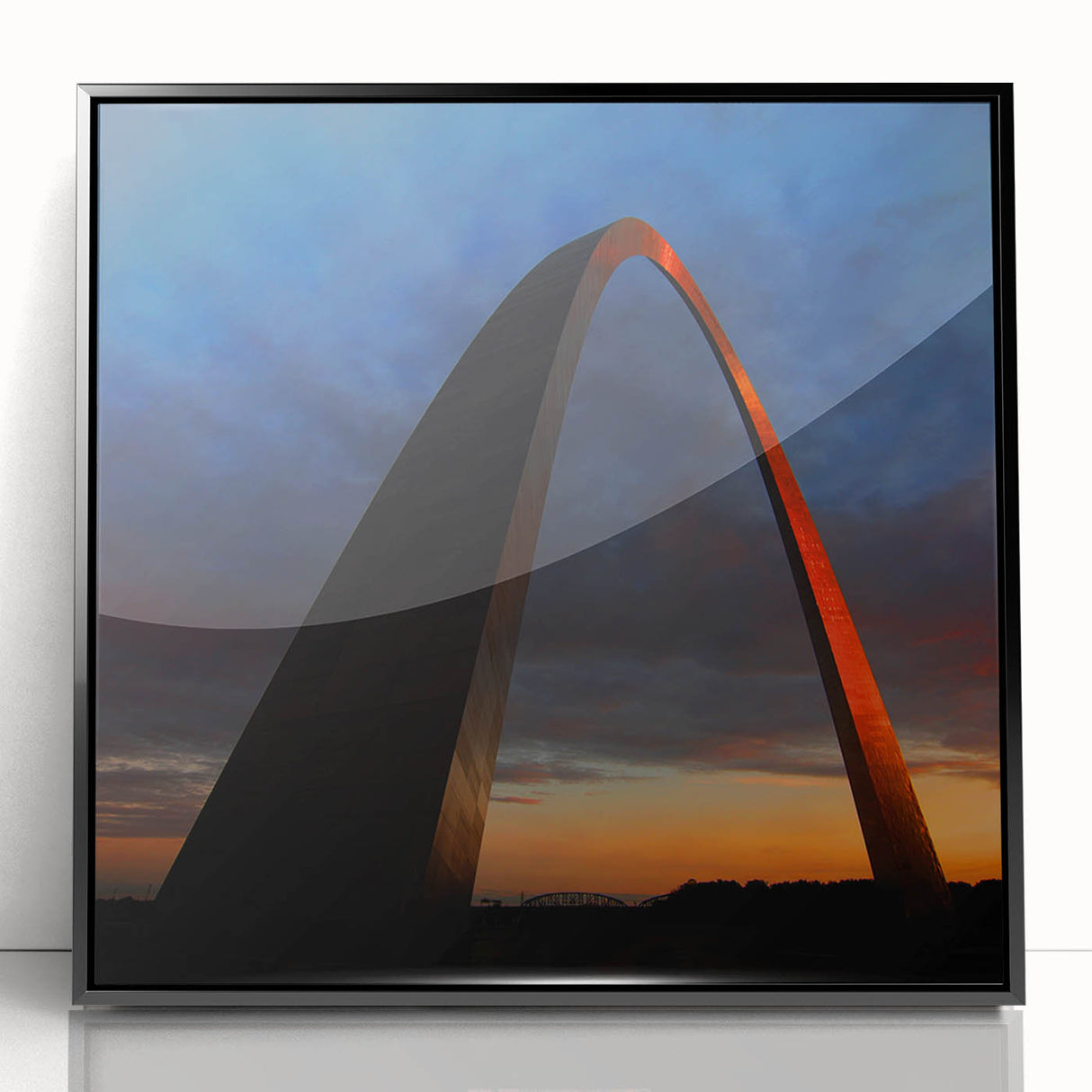 Large abstract wall art of St. Louis skyline in black and gray tones on framed acrylic, ideal for modern office decor.