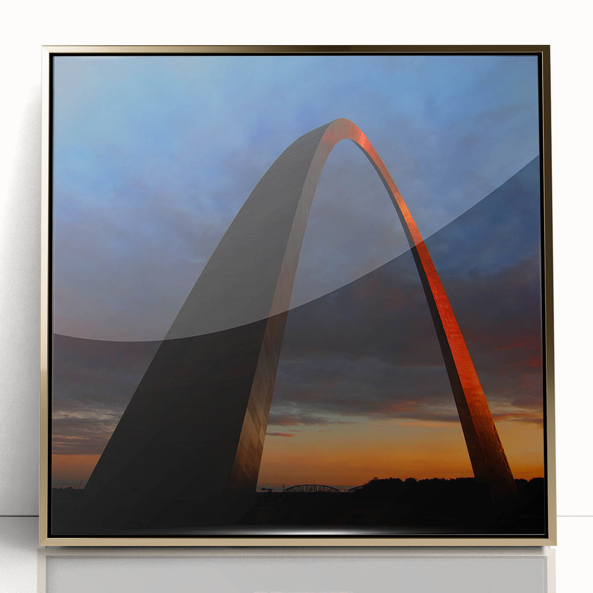 Framed acrylic print of the St. Louis skyline in gold and blue tones, suitable for modern art wall decor.