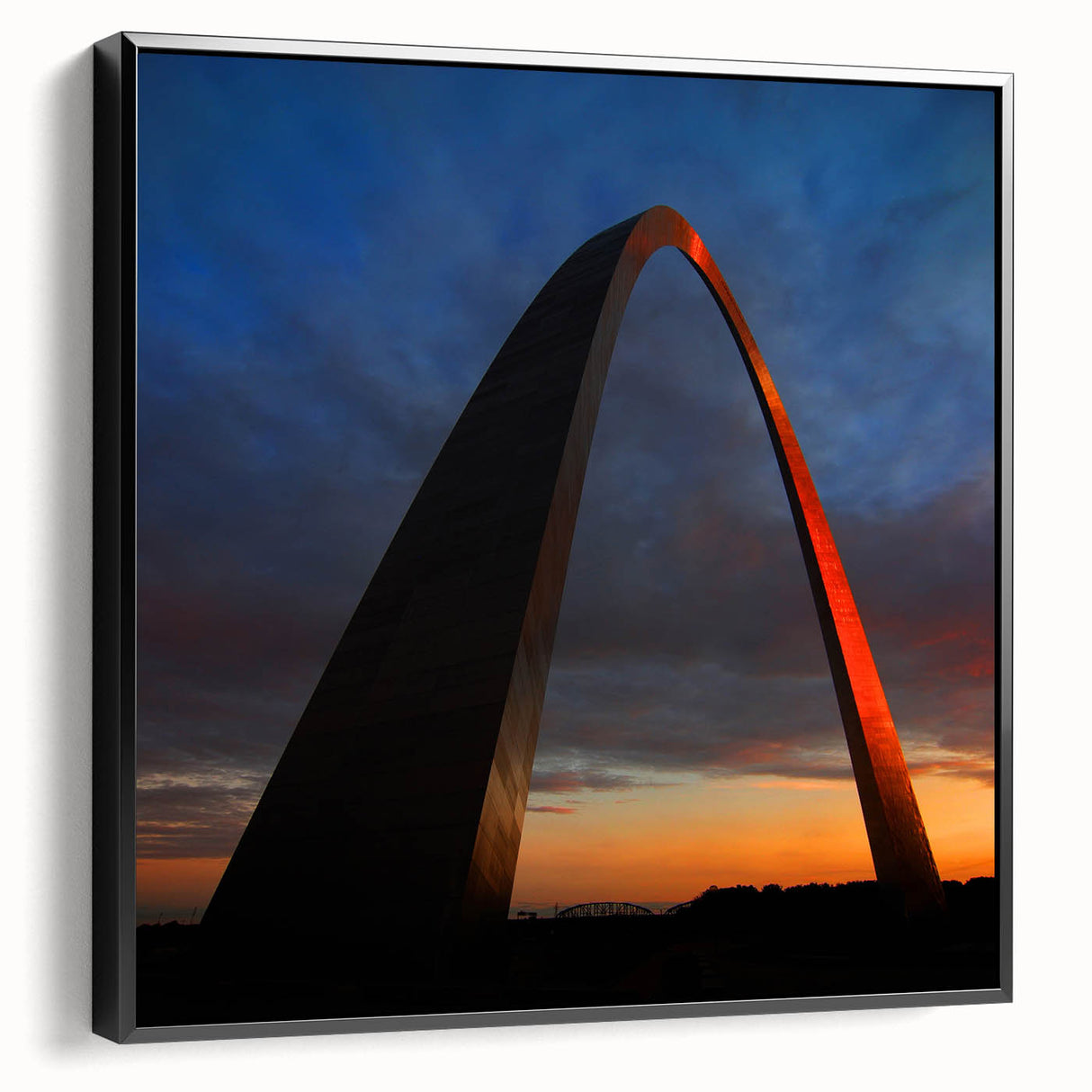 Black and white framed canvas of St. Louis skyline, ideal for bedroom wall decor.