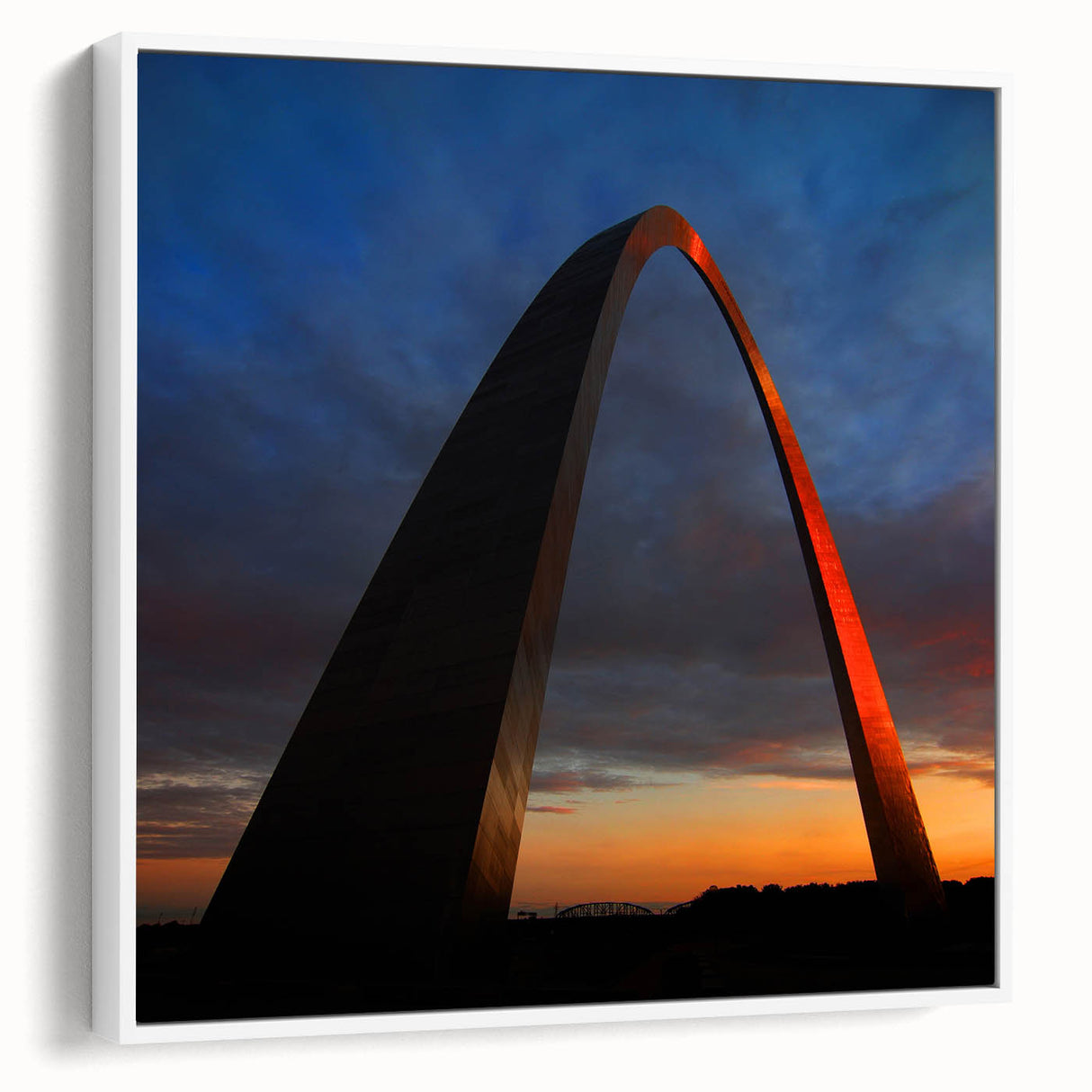 Vintage poster art of St. Louis skyline in vibrant colors on a large framed canvas, ideal for living room decor.