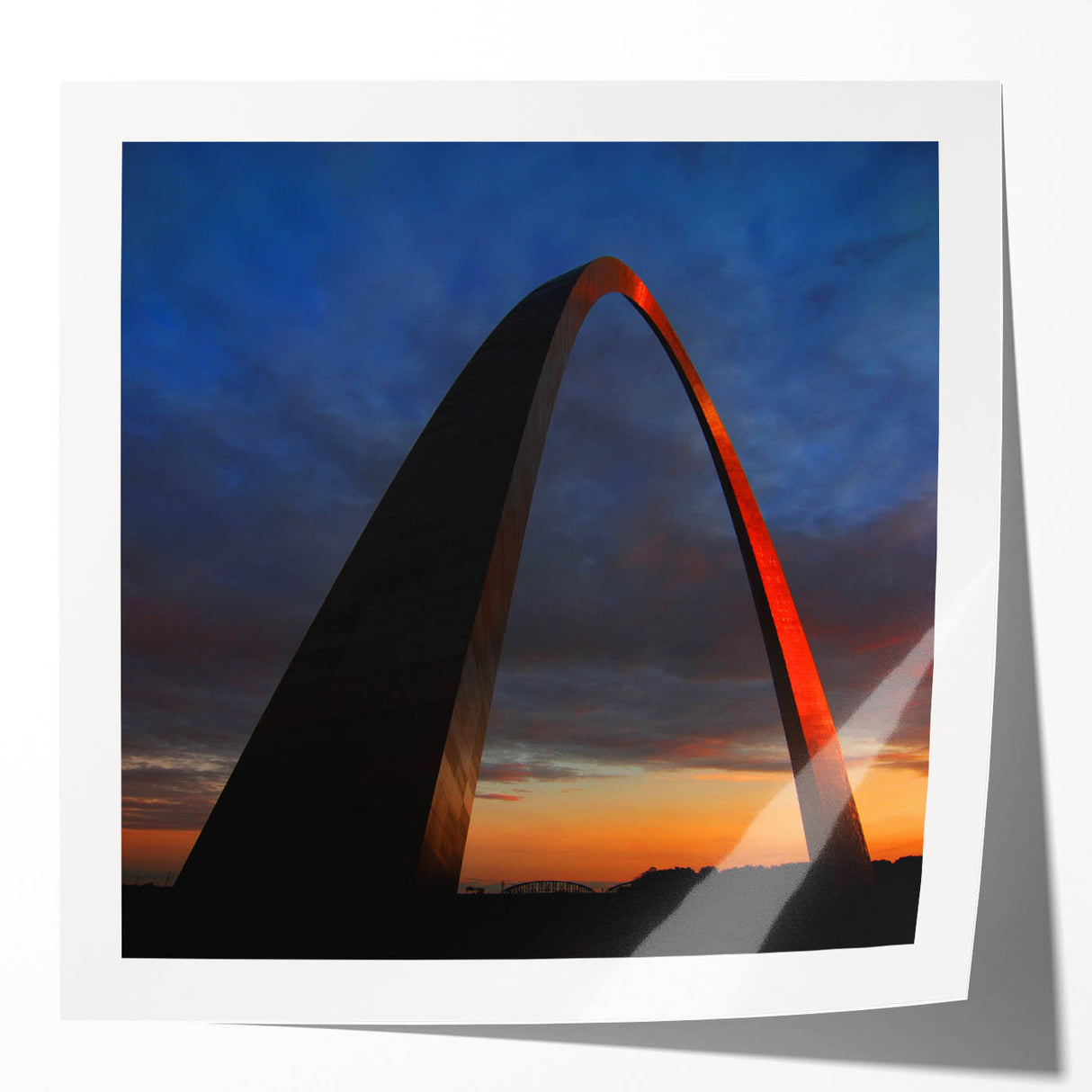 Rolled print of St. Louis skyline in muted blue tones, ideal for art wall dining room.
