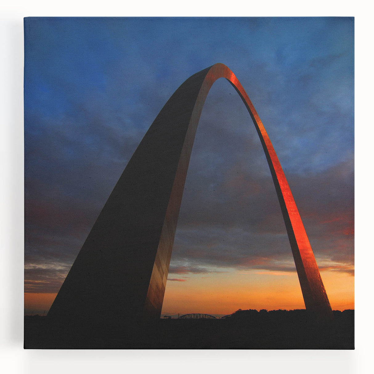 Black and white stretched canvas of St. Louis skyline, ideal for kitchen wall art.