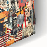 Large abstract depiction of Manhattan skyline in muted earth tones on acrylic glass, suitable for dining room art.