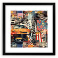 Abstract art print of Manhattan skyline in colorful, textured strokes on a large framed canvas, ideal for living room decor.