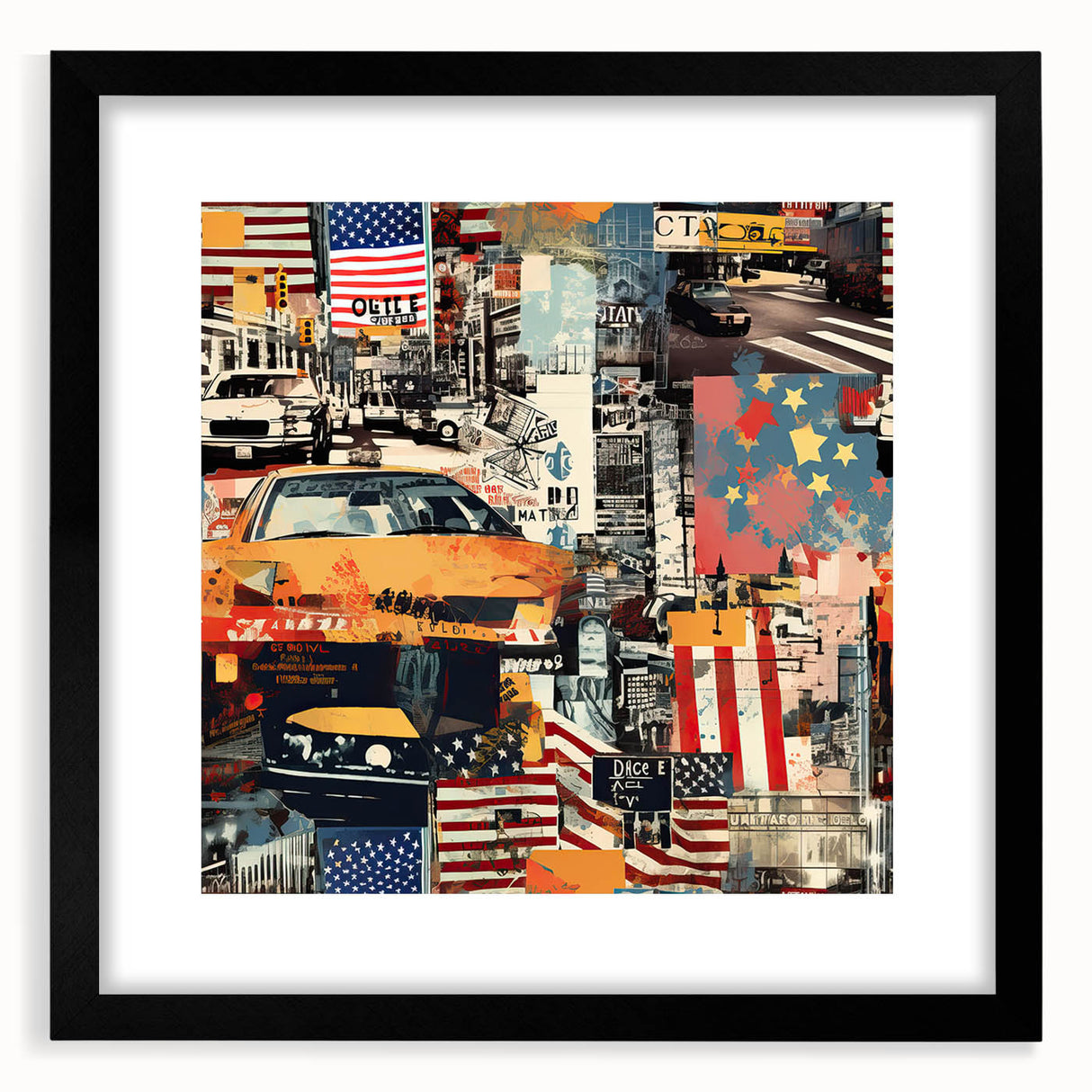 Abstract art print of Manhattan skyline in colorful, textured strokes on a large framed canvas, ideal for living room decor.