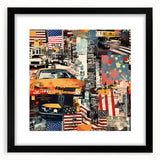 Abstract art print of Manhattan skyline in colorful, textured strokes on a large framed canvas, ideal for living room decor.