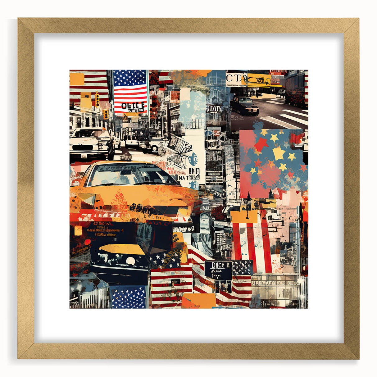 Extra large abstract art print of Manhattan skyline in textured gold frame, featuring muted earth tones.