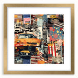 Extra large abstract art print of Manhattan skyline in textured gold frame, featuring muted earth tones.
