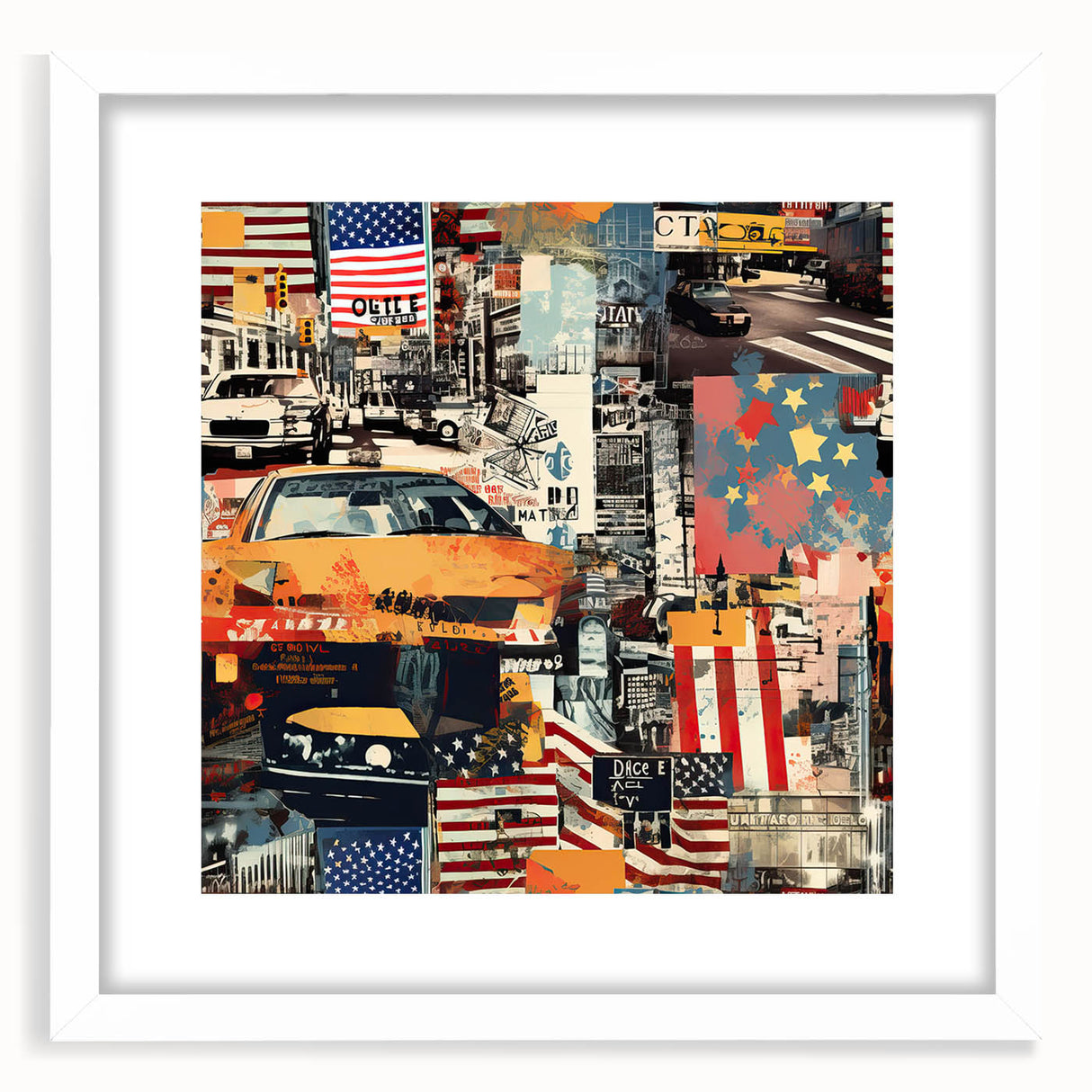 Abstract art print of Manhattan skyline in muted gray and blue tones on a framed poster, ideal for dining room decor.