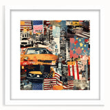 Abstract art print of Manhattan skyline in muted gray and blue tones on a framed poster, ideal for dining room decor.