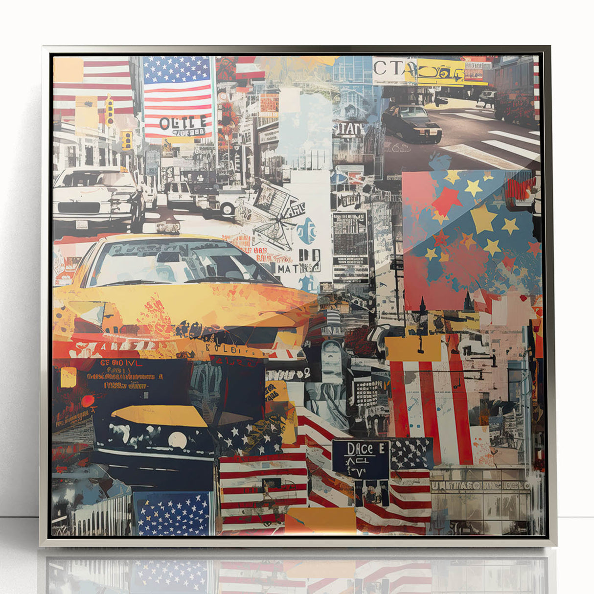 Mid-century modernist art depicting the Manhattan skyline in muted gray tones on a framed acrylic print.