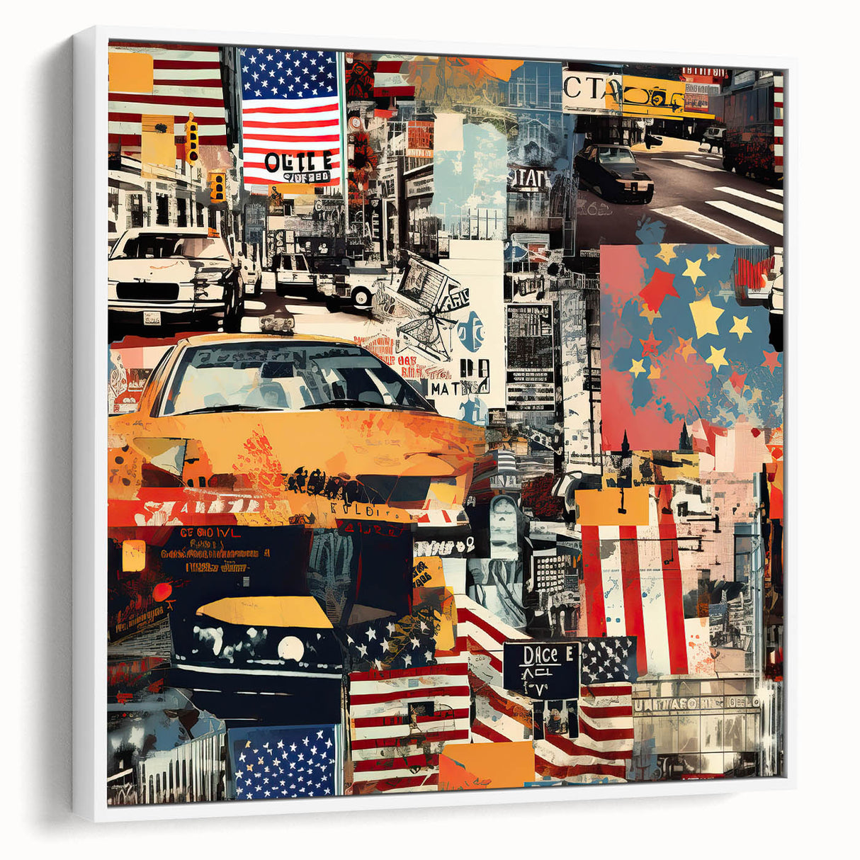 Vintage poster art of Manhattan skyline in vibrant colors on a large framed canvas, ideal for living room decor.