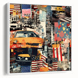 Vintage poster art of Manhattan skyline in vibrant colors on a large framed canvas, ideal for living room decor.